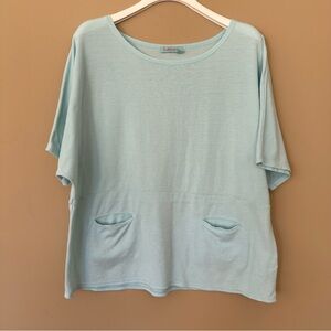 Fresh Produce Women L Lagenlook Boxy Top Slub Pockets Baby Blue USA Comfortable